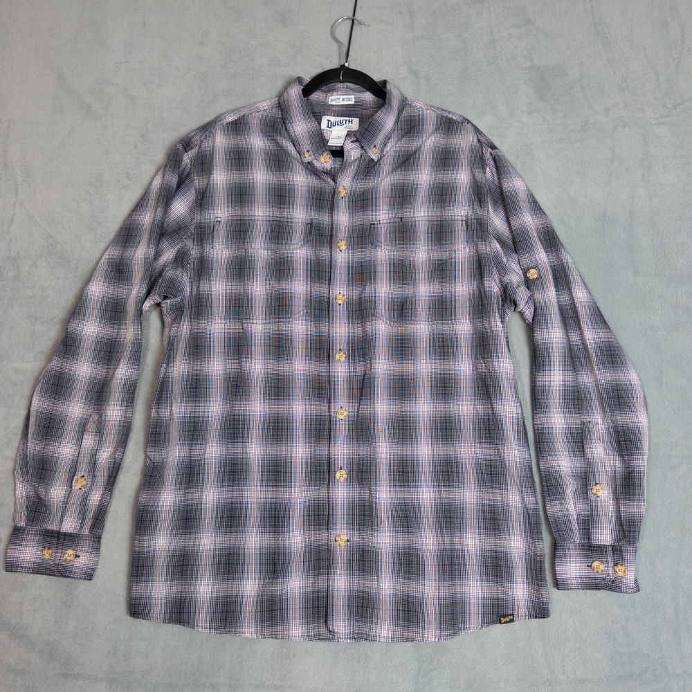 Duluth Trading Co Button Down Shirt Mens L Tall Navy Plaid Excellent Untucked
